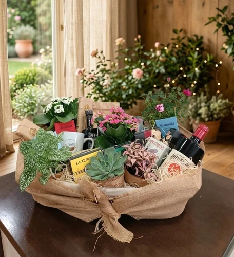 Cesta regalo gourmet con plantas, vino y productos gallegos Cesta regalo gourmet con plantas, vino y productos gallegos
